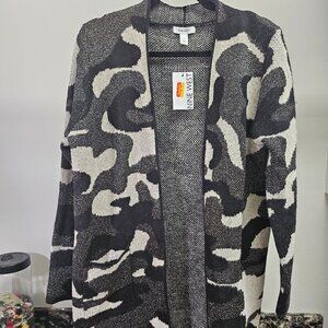 New With Tags Nine West Black Cream And Metallic Gray Camo Long Cardigan Size Me